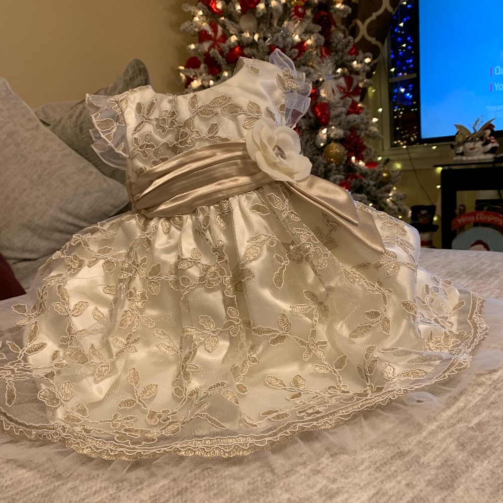 Bonnie Baby Gold and Pearl White Dress 3-6 M